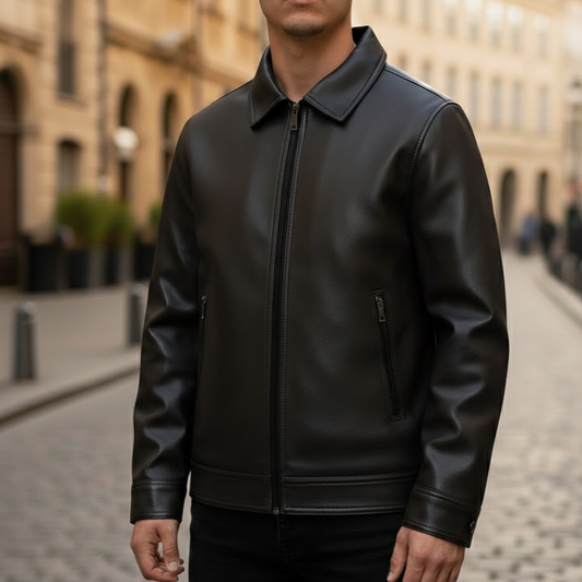 Men Vegan Suede Bomber Jacket Ribbed Collar Zipper