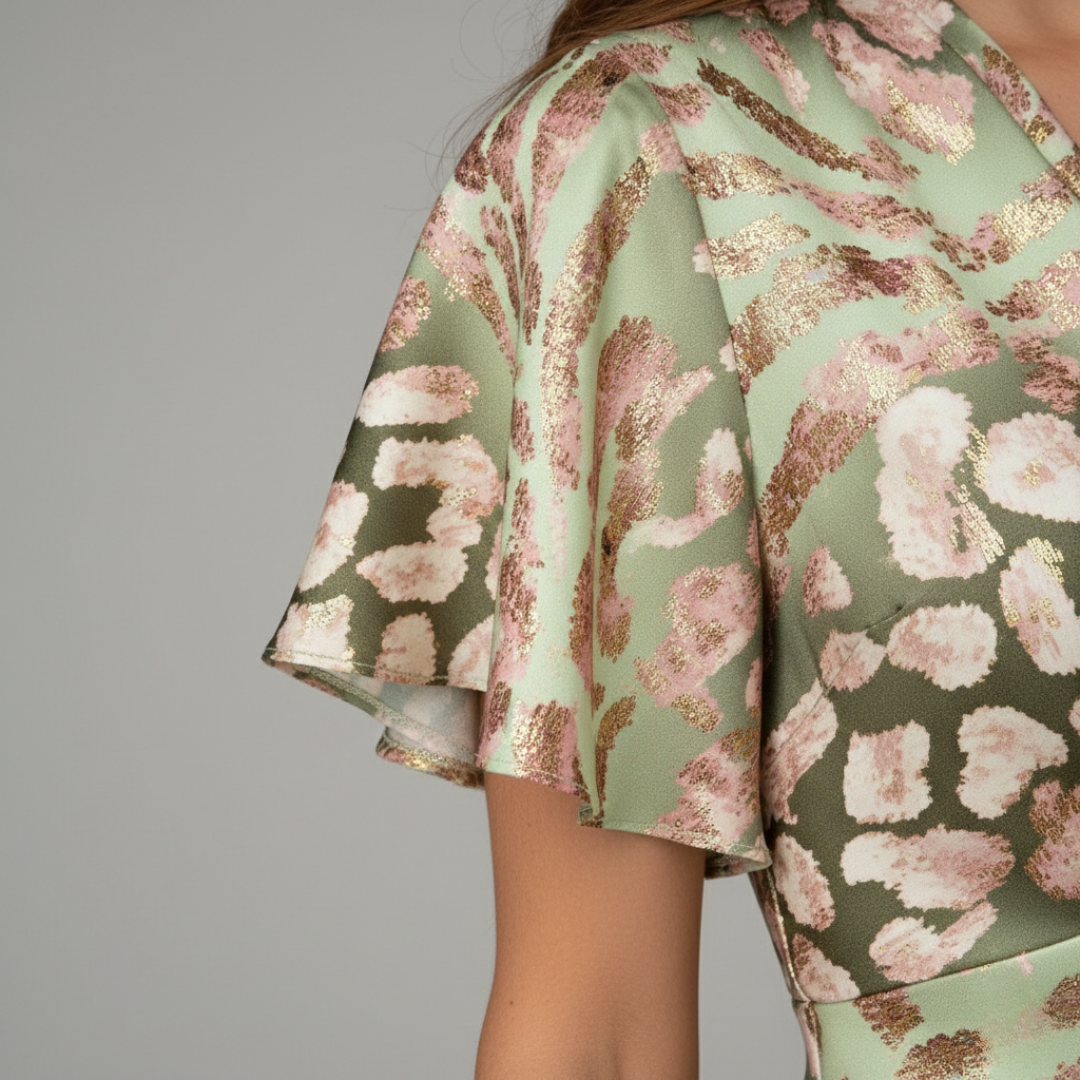 Robe midi manches courtes satinée à fleurs pour femme verte