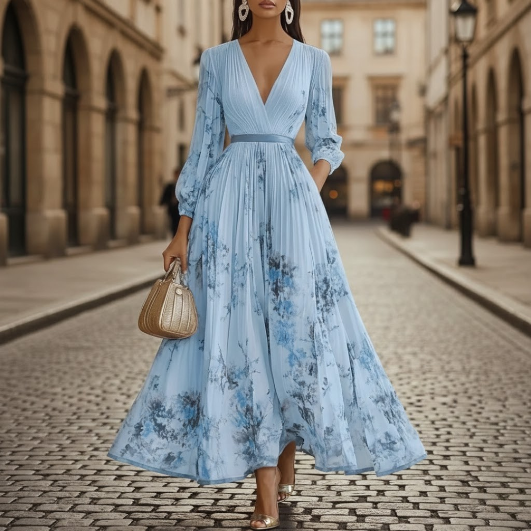 Robe longue plissée col en V manches longues motif floral