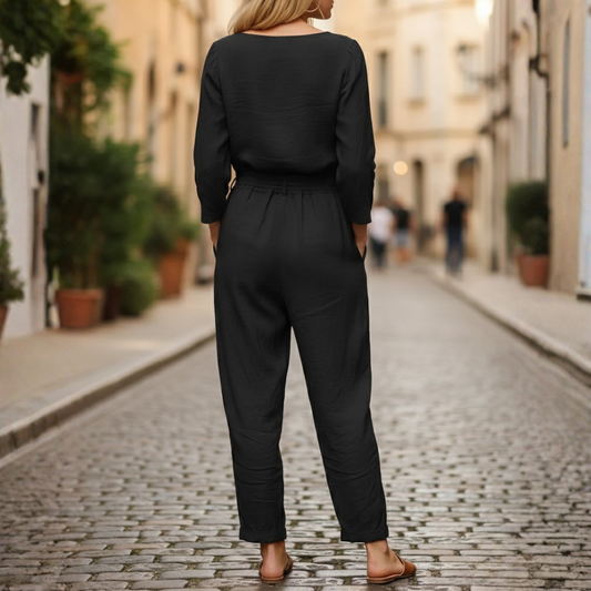 Two Piece Set Long Sleeve Top Tie Waist Tapered Pants Women
