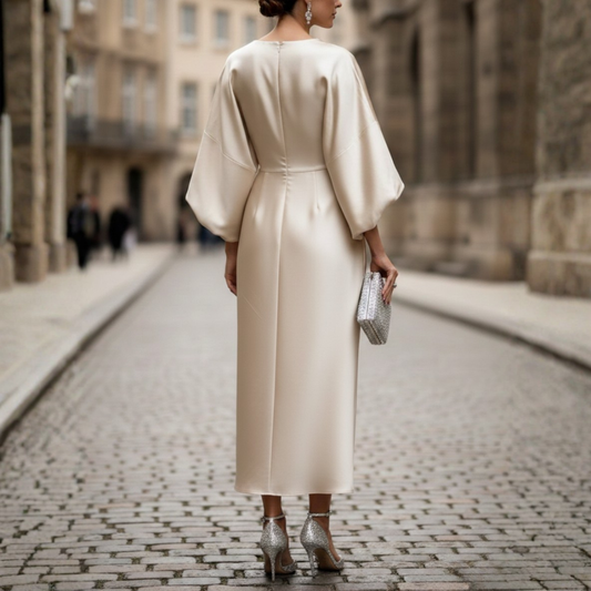 Women Satin Draped Rhinestone Brooch Midi Dress