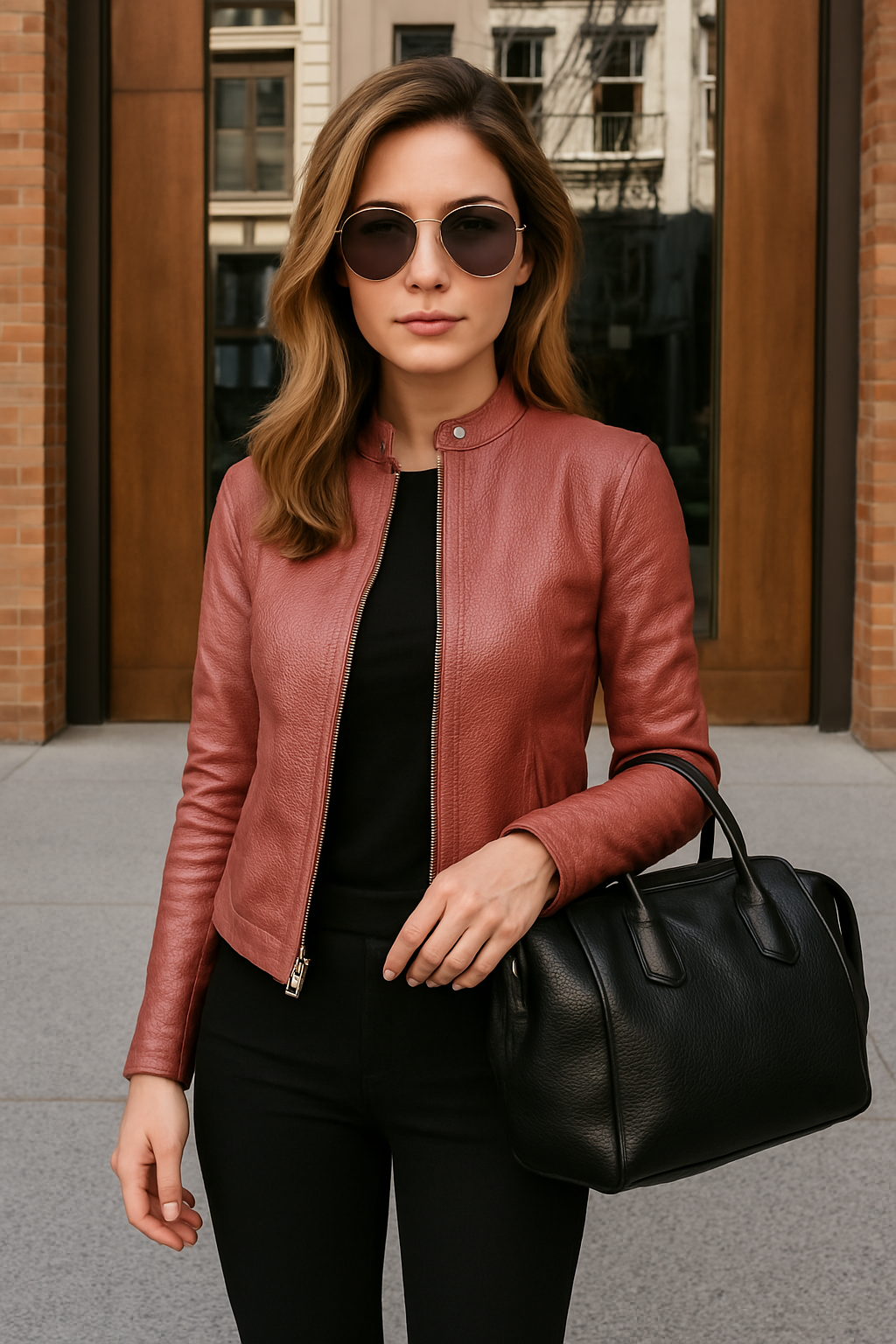 Veste en cuir pour femme coupe slim à manches longues avec fermeture éclair et col mandarin