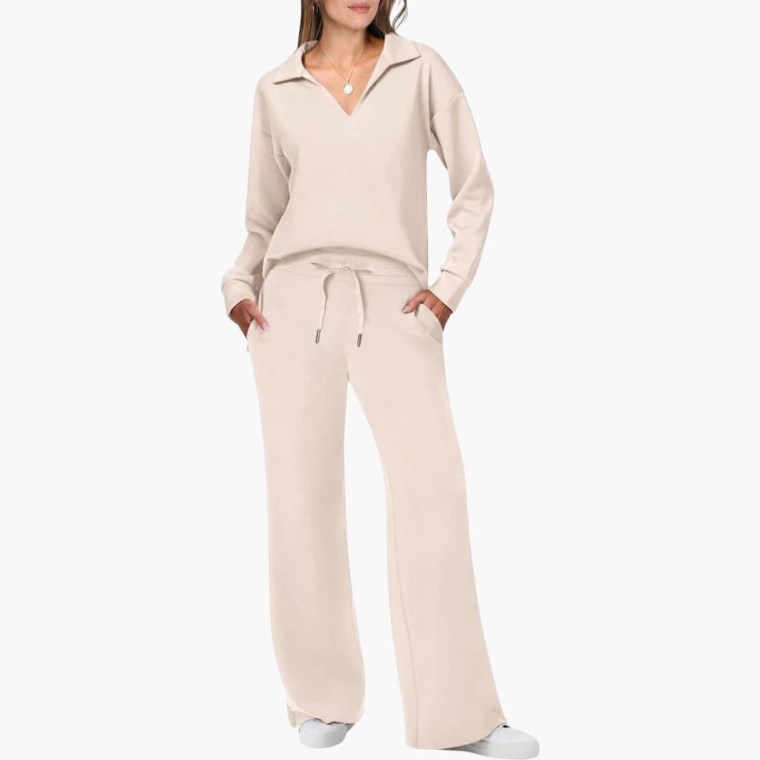 Ensemble deux pièces femme : haut à manches longues col en V et pantalon large décontracté