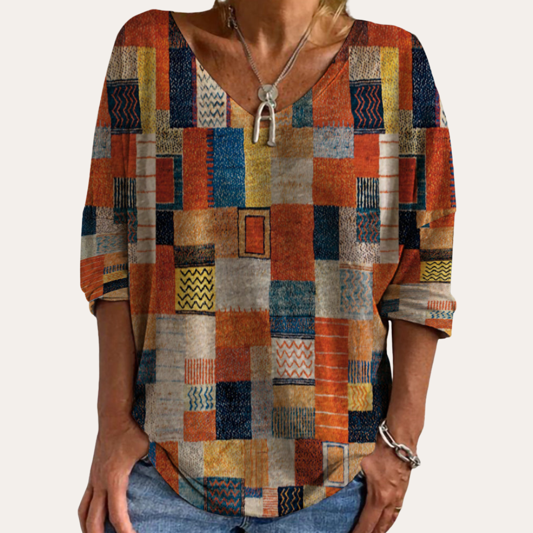 Damen Bluse mit geometrischem Patchwork Muster | Vestea