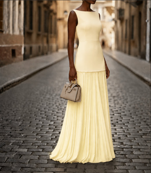 Women Sleeveless Pleated Maxi Dress Boat Neck