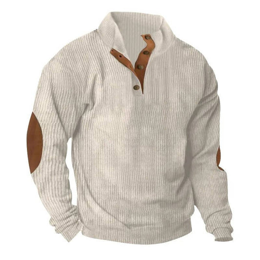 Men's Button Neck Pullover Sweater | Elbow Patches Classic Knit Front