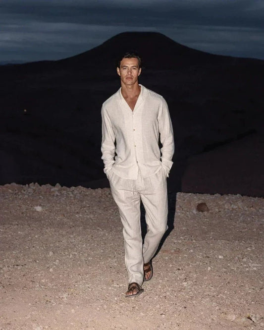 Men's Casual Cuban Collar Shirt & Trouser Set Front