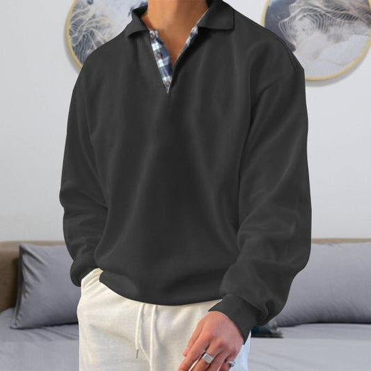 Men's Classic V-Neck Comfort Sweater | Plaid Collar Knit Fit Front