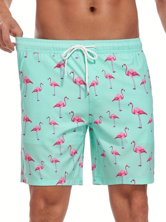 Men's Flamingo Print Beach Summer Swim Shorts Front