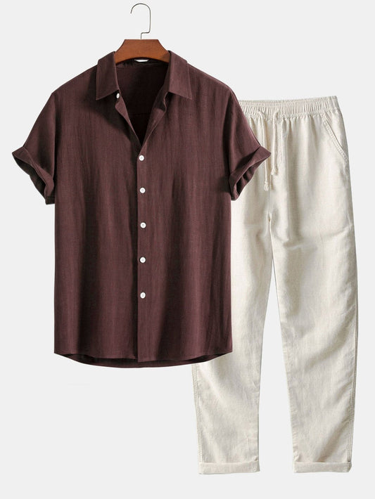 Men's Linen Band Collar Co-Ord Set | Shirt & Trousers Front
