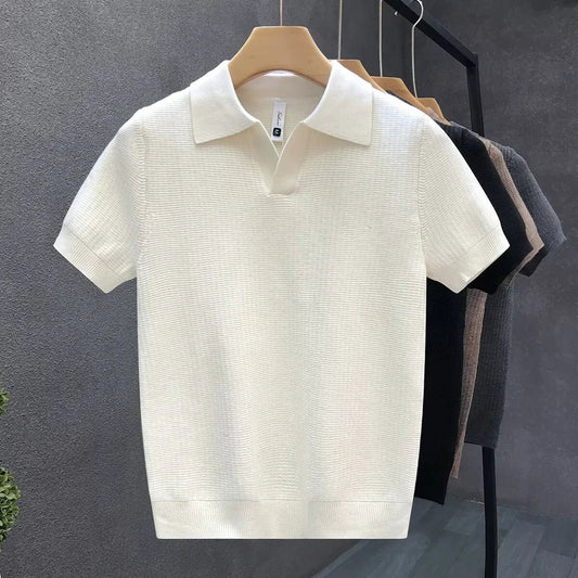 Men's Open Collar Knit Polo Top Front