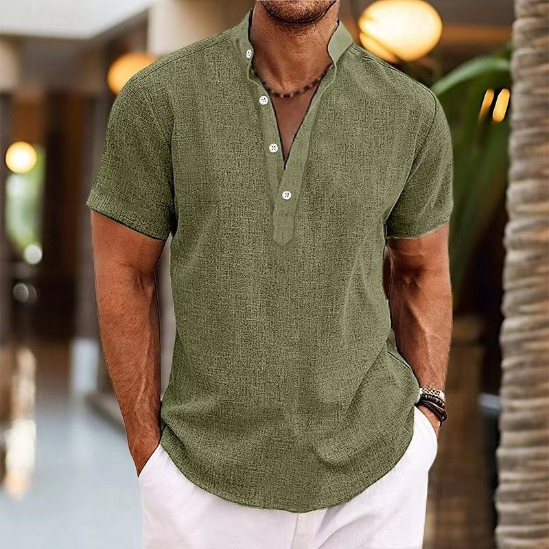 Men's Short Sleeve Linen Henley Shirt | Casual Angle