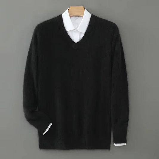 Men's Warm Wool Blend V Neck Knitted Pullover | Loose Fit Front