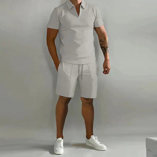 Men's Zipper Polo Shirts & Shorts Set | Casual Summer Front