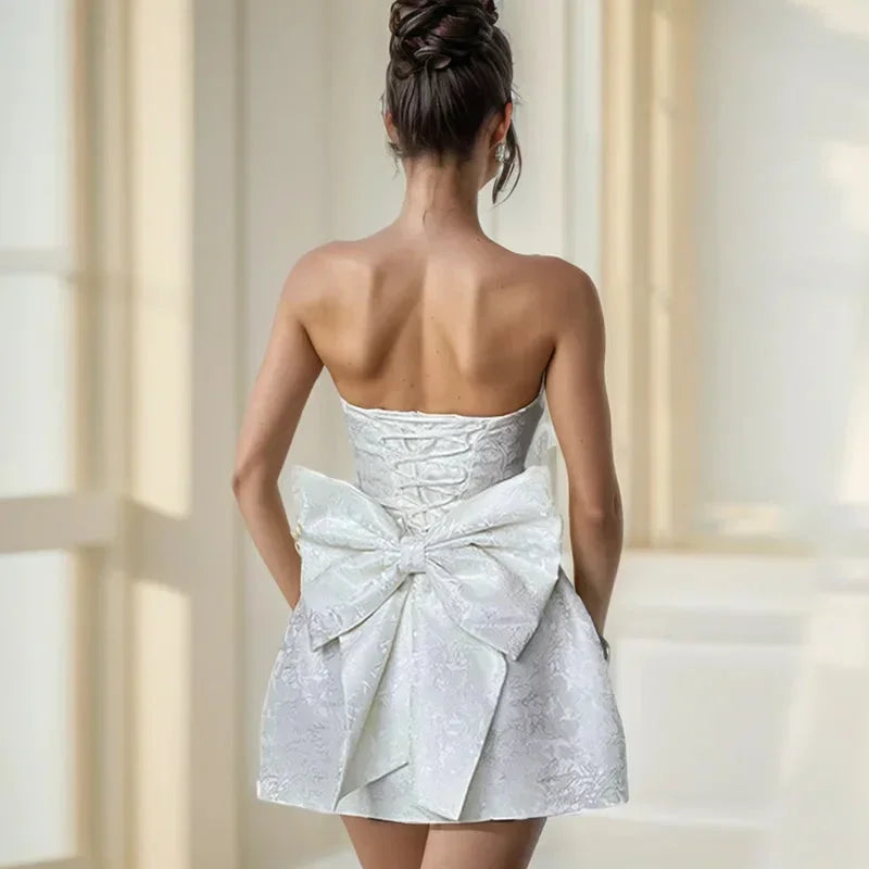 Robe mini jacquard femme, bustier, dos nu, sans manches avec nœud