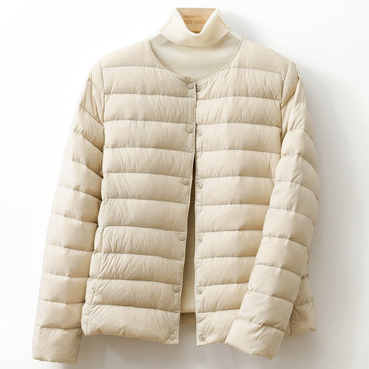 Women's Collarless Down Puffer Jacket | Snap-Button Slim Fit Front
