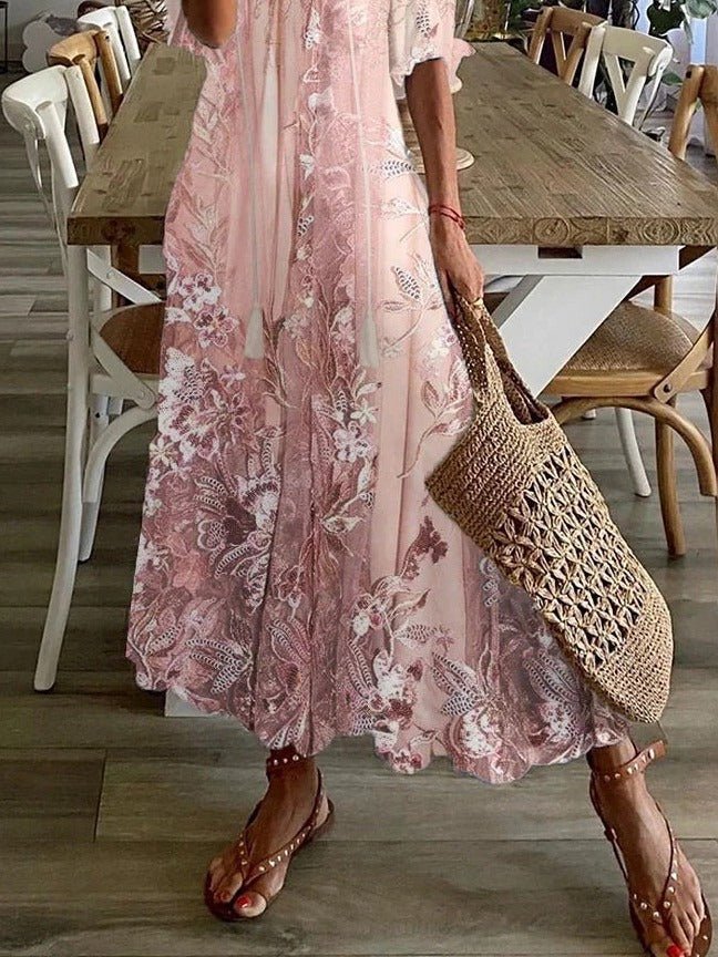 Women's Floral V-Neck Casual Maxi Dress | Half Sleeve Detail