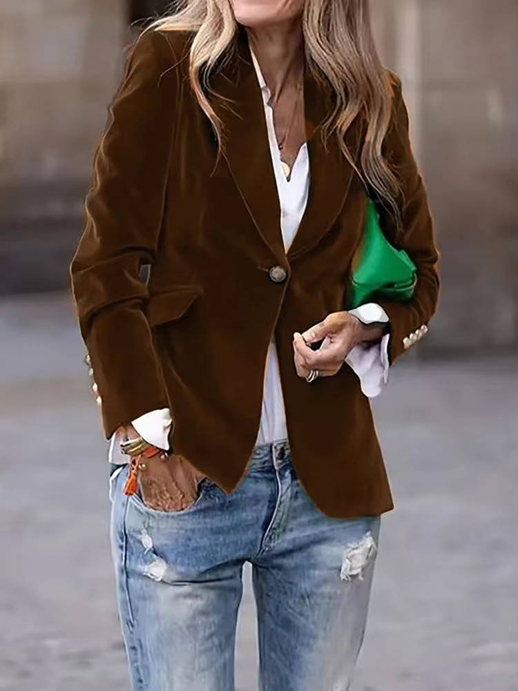 Women's Gold Button Cuff Velvet Blazer | Fitted Close Up
