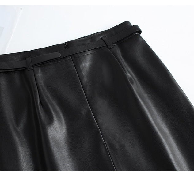 Women's Leather Pencil Skirt | Front Slit Belted Fit Full