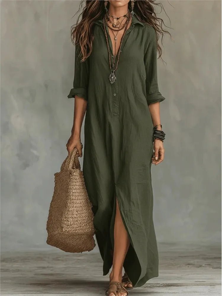 Women's Linen Long Shirt Dress | V-Neck Maxi Close Up