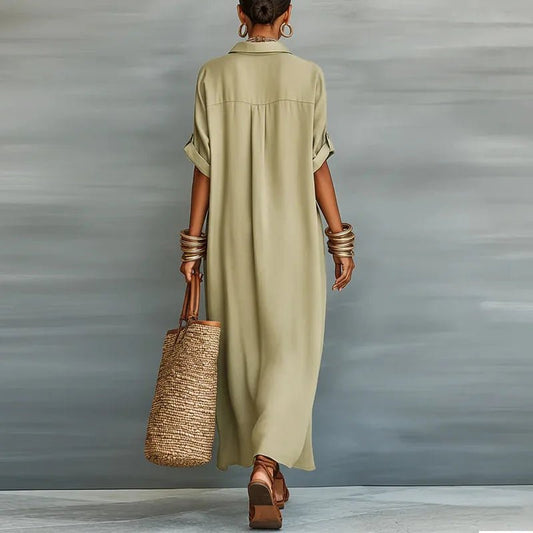Women's Linen Long Shirt Sundress | Button-Front Maxi Front