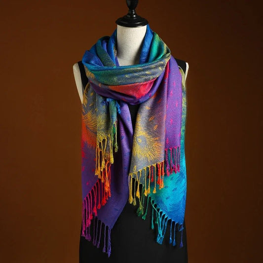 Women's Peacock Pattern Shawl | Bohemian Fringe Front