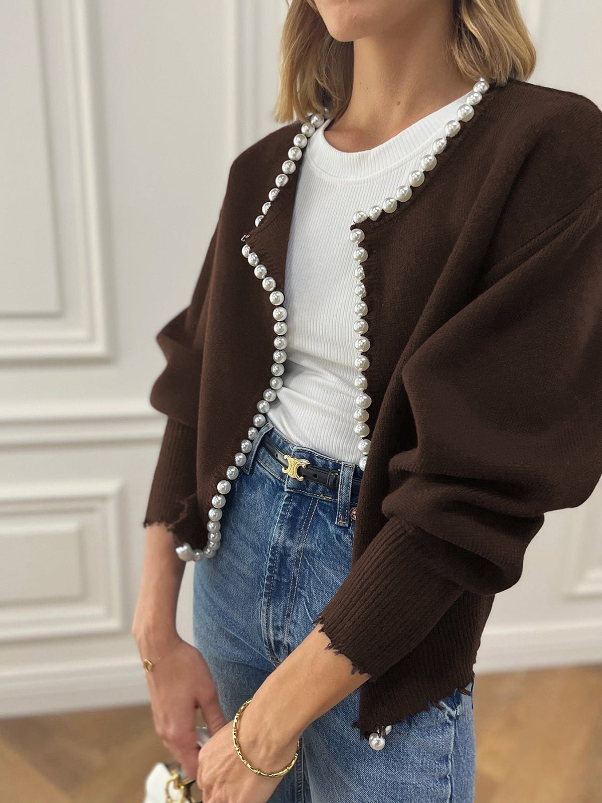 Women's Pearl Trim Cardigan Sweater | Ripped Hem Knit View 20