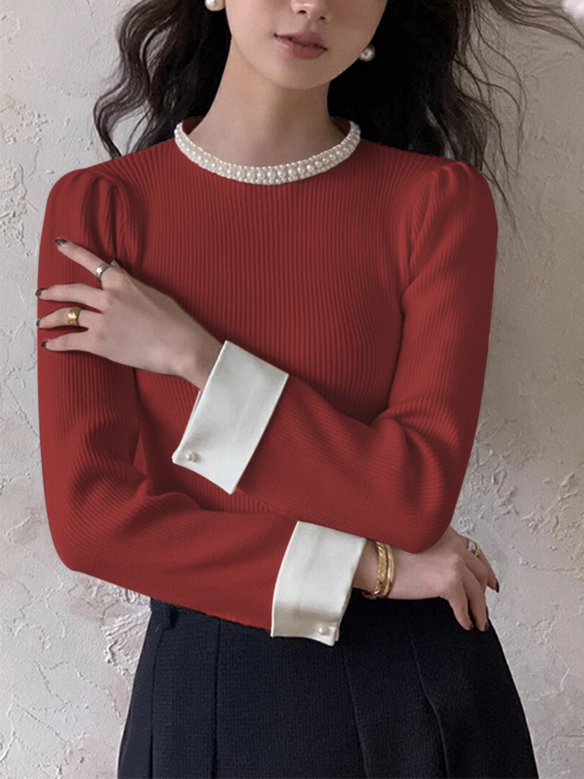 Women's Pearl Trim Contrast Sweater | Slim Fit Knit View 12