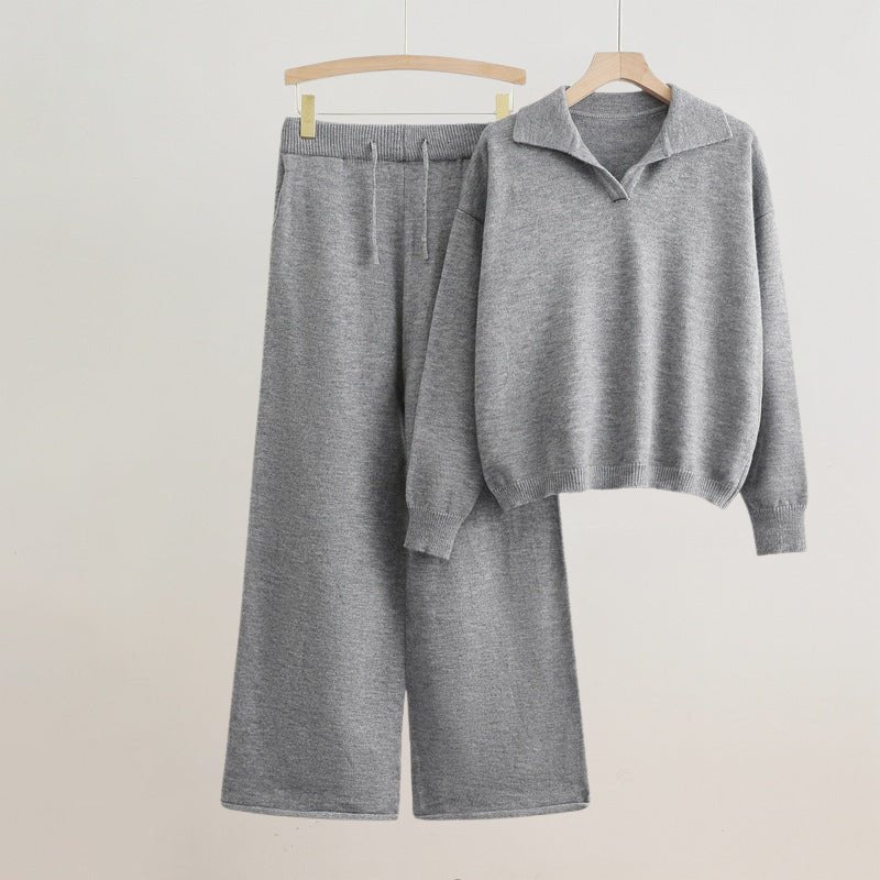 Women's Polo Collar Elegant Set | Wide-Leg Sweater Back