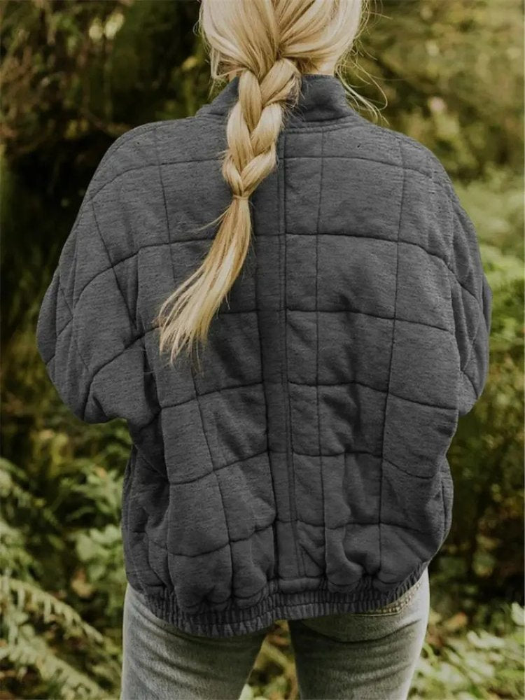 Women's Quilted Oversized Bomber Jacket | Casual Relaxed Fit View 24