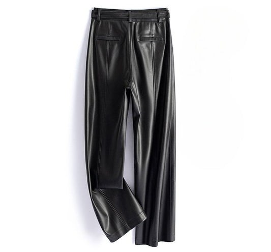 Women's Sheepskin Leather Pants | O-Ring Belt Straight Leg Front