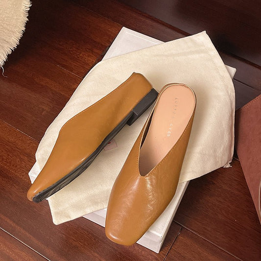Women's Square Toe Leather Flats | Slip-On Front