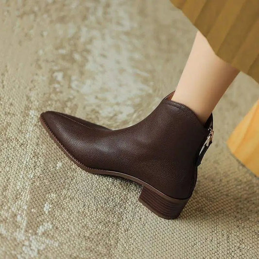 Women's V-Cut Leather Boots | Pointed Toe Ankle Front