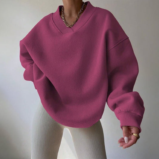Women's V-Neck Oversized Pullover | Cotton Blend Ribbed Cuff Front