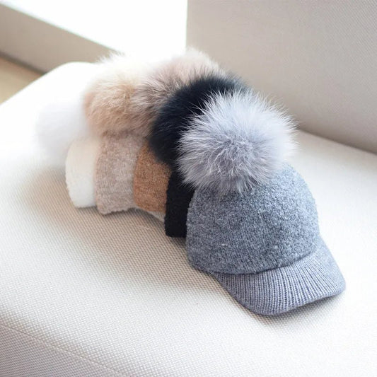 Women's Wool Pom Cap | Faux Fur Alpine Beanie Front