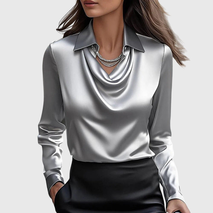 Blouse femme en satin à manches longues, col plissé, boutonnée
