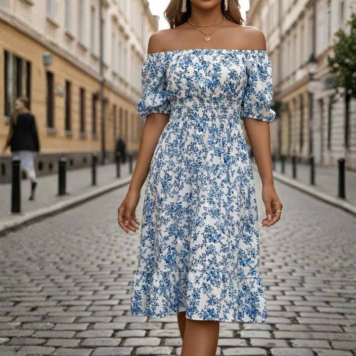Vestido floral para mujer con escote cuadrado, manga corta y cintura alta