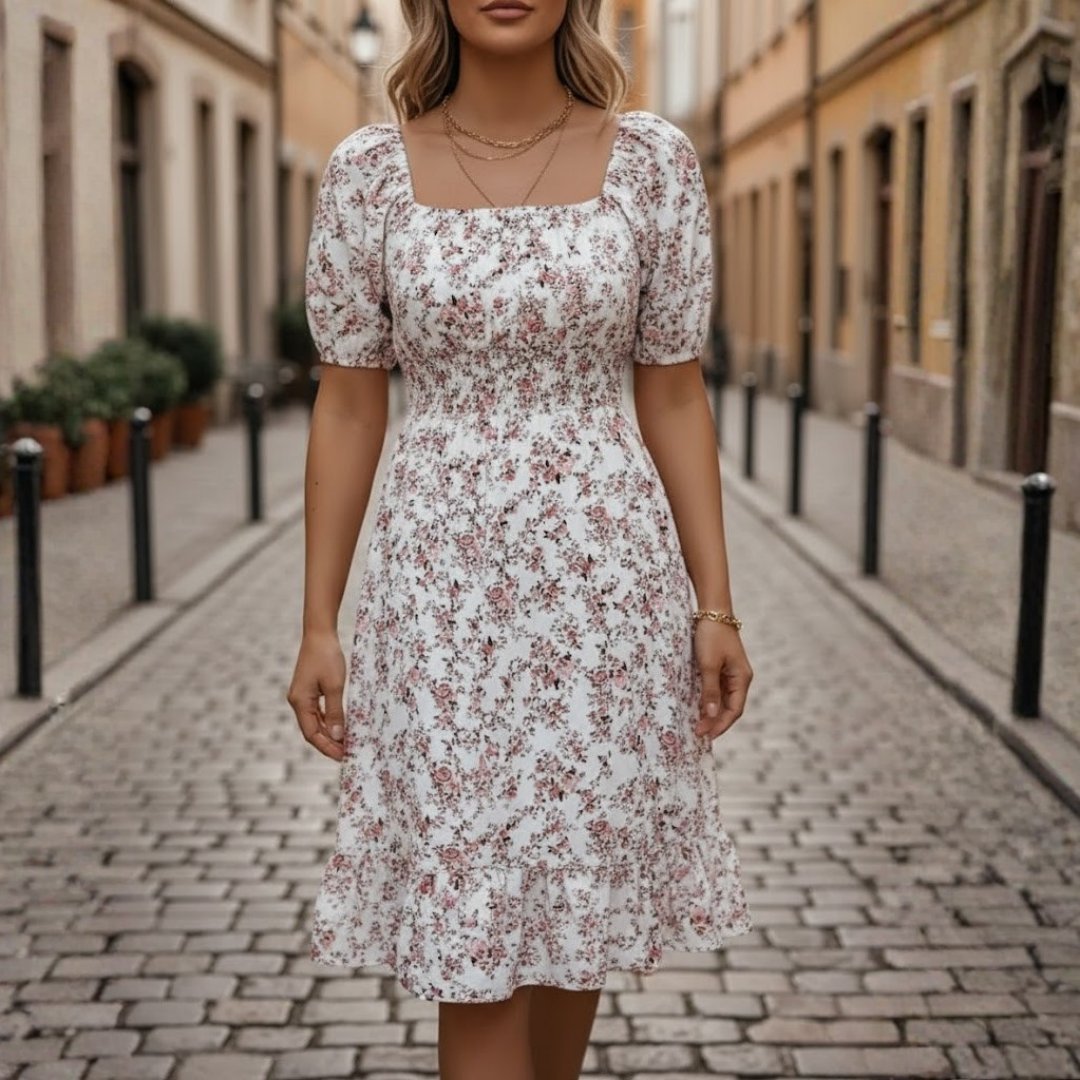 Vestido floral para mujer con escote cuadrado, manga corta y cintura alta