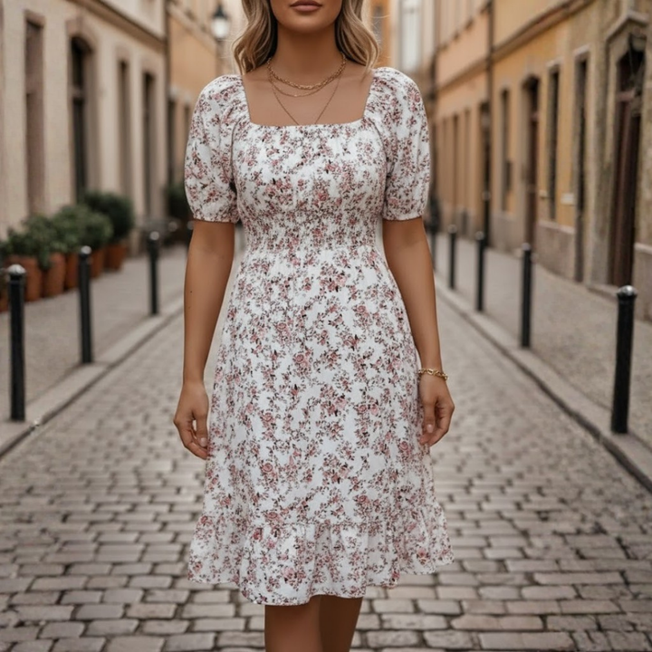 Vestido floral para mujer con escote cuadrado, manga corta y cintura alta