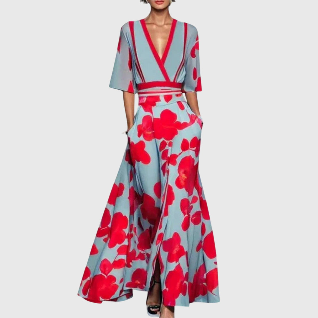 Vestido largo de mujer floral con escote en V, manga 3/4 y corte en A – Formal