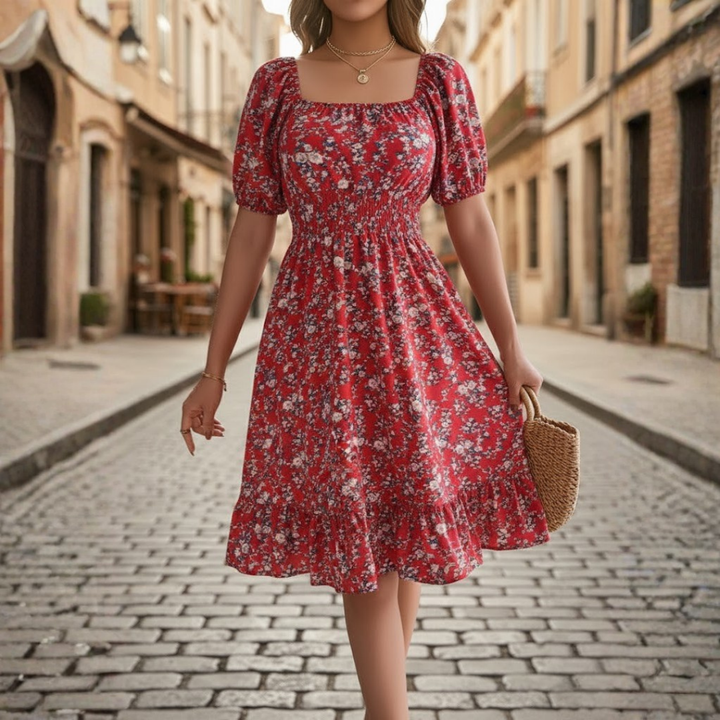 Vestido floral para mujer con escote cuadrado, manga corta y cintura alta