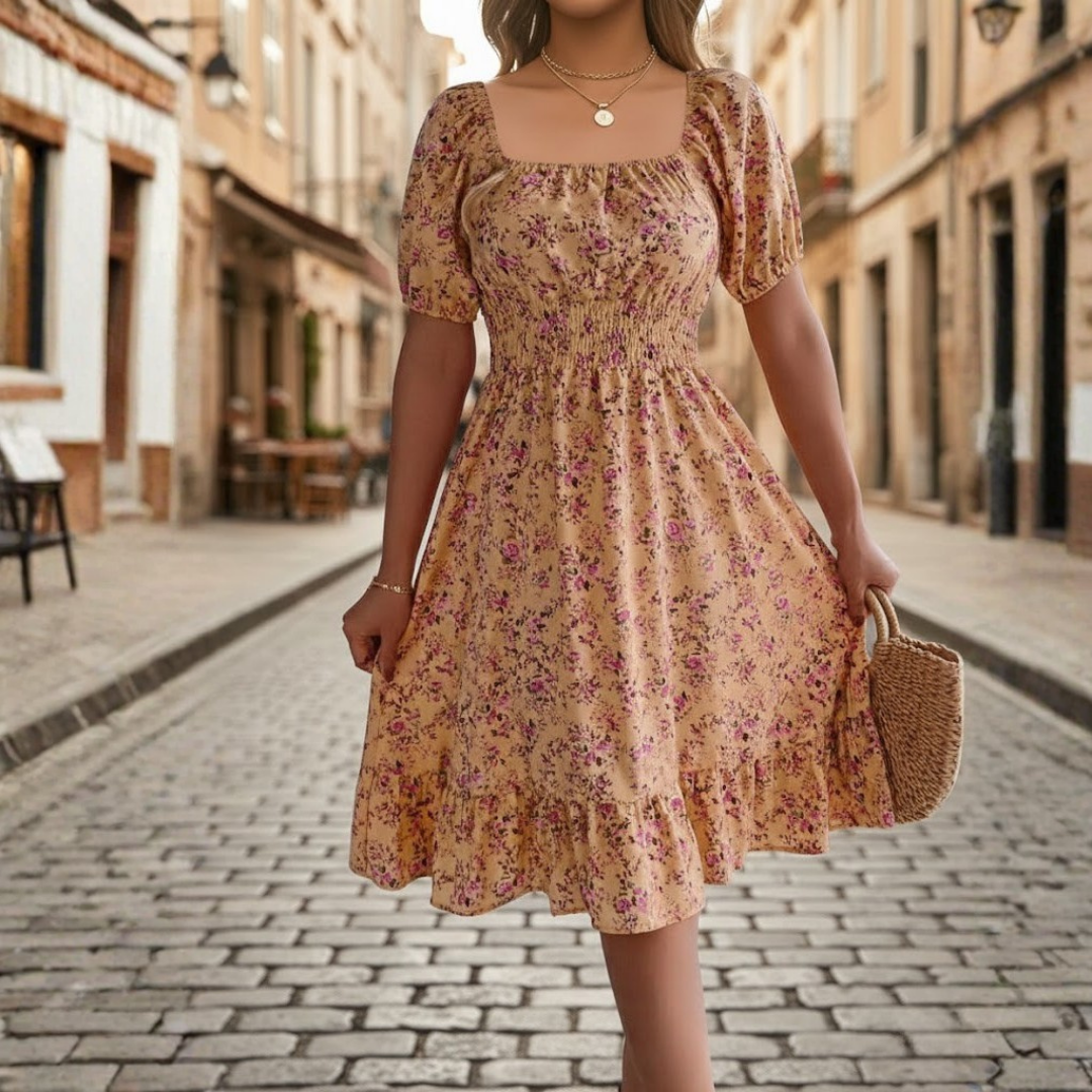 Vestido floral para mujer con escote cuadrado, manga corta y cintura alta