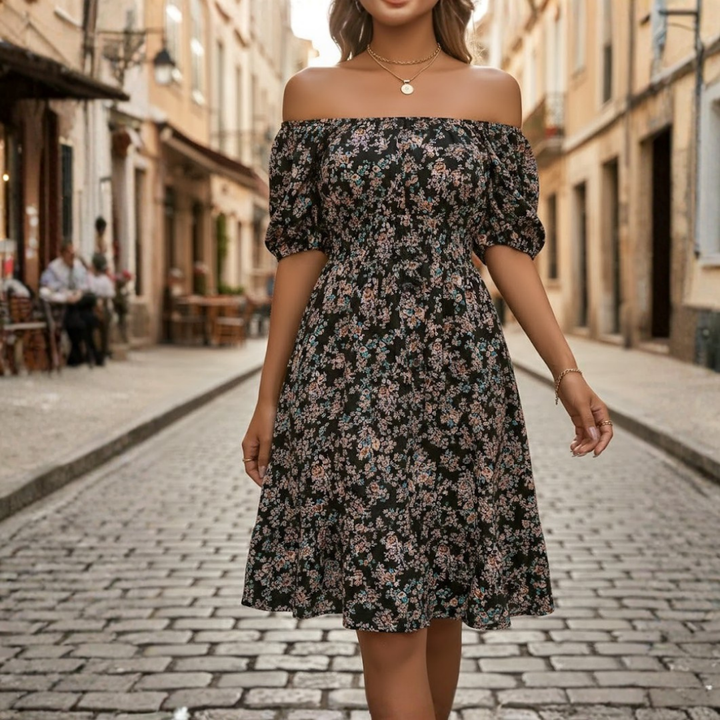 Vestido floral para mujer con escote cuadrado, manga corta y cintura alta