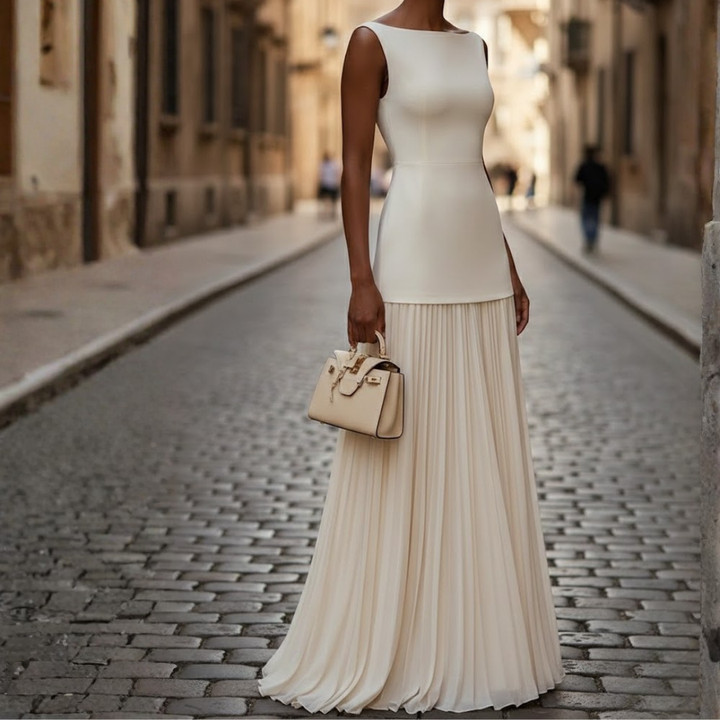 Women Sleeveless Pleated Maxi Dress Boat Neck