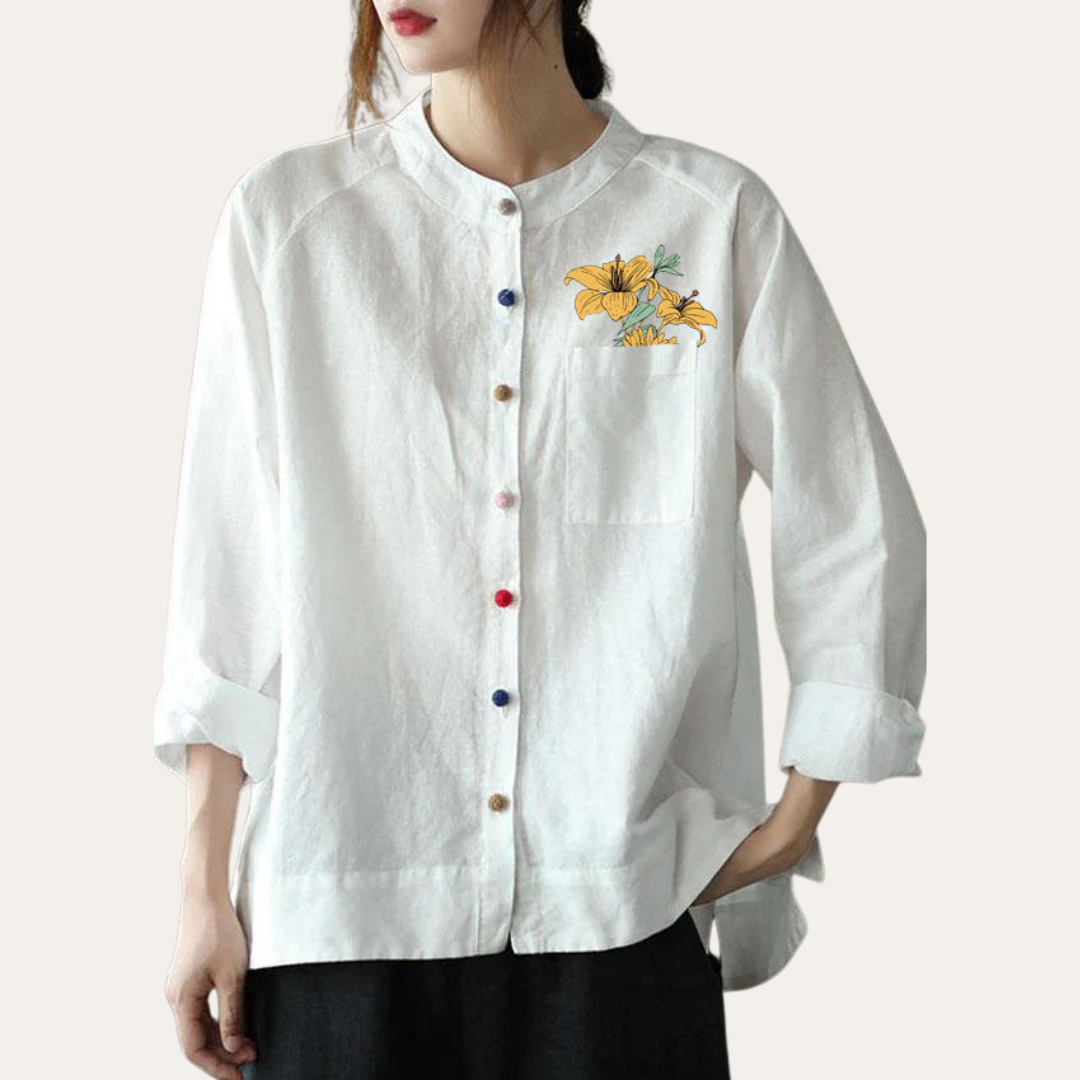 Damen Leinen Bluse mit Muster Langarm Freizeit Hemdkragen Shirt | Vestea