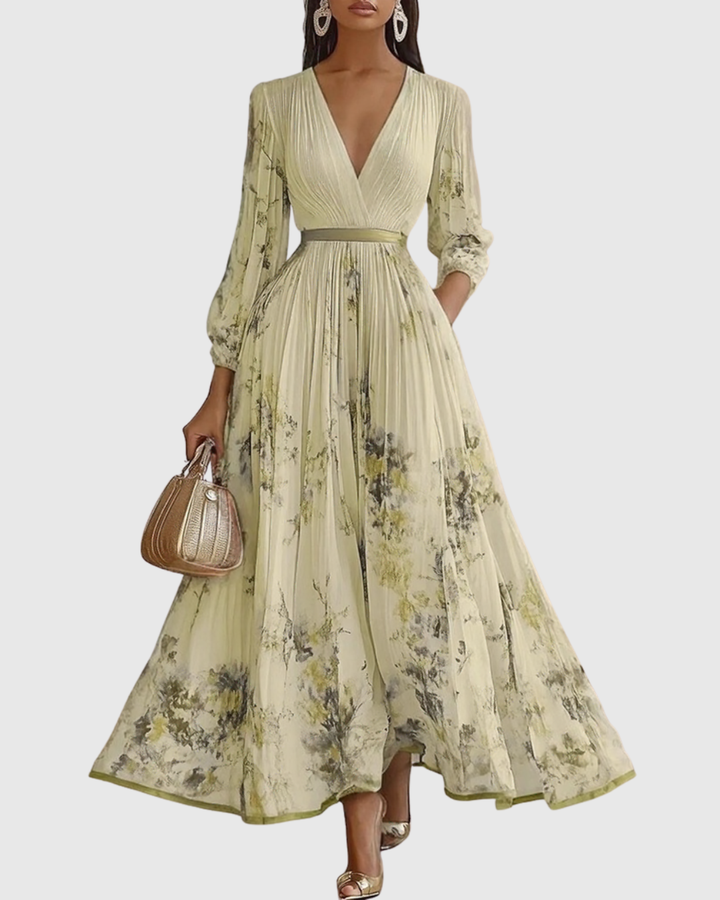 Vestido Maxi para Mujer de Satén Plisado con Escote en V, Manga Larga y Cintura Ajustable