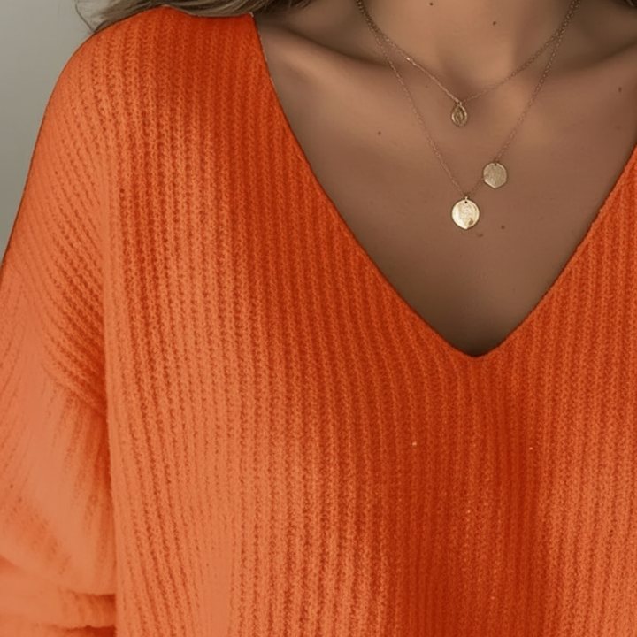 Suéter de punto con cuello en V, manga globo y puño con botones para mujer