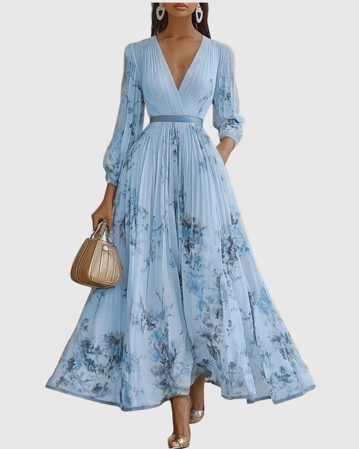 Vestido Maxi para Mujer de Satén Plisado con Escote en V, Manga Larga y Cintura Ajustable