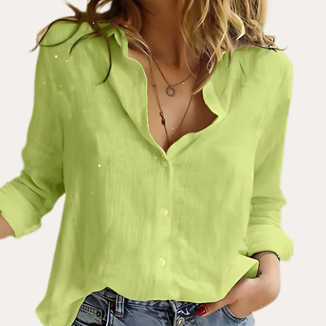 Damen Leinen Bluse Langarm Vogelmuster Hemd Sommer Look | Vestea
