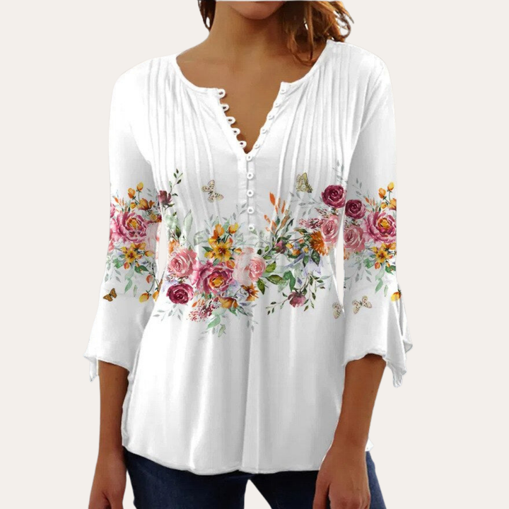 Bluse mit Knopfleiste und Blumenmuster für Damen | Vestea